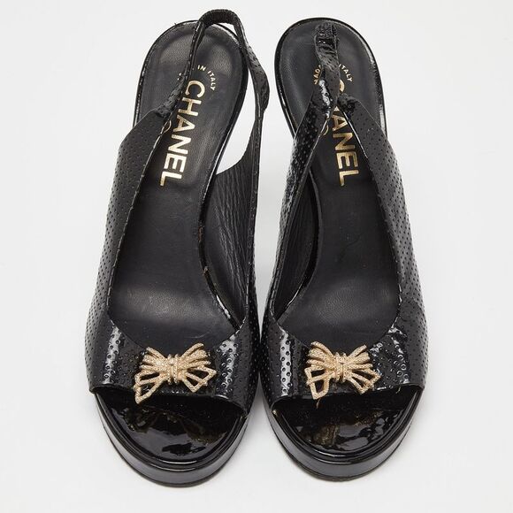 Chanel Black Perforated Patent Leather Open Toe Slingback Sandals Size 37 - Picture 3 of 4
